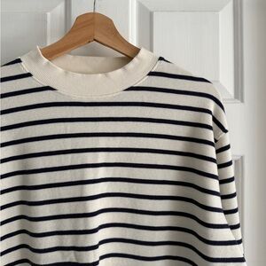 Women’s Ivory and Navy Striped Crewneck Mini Waffle Sweater